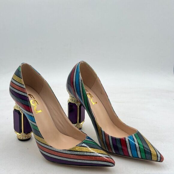 FSJ Multicolored Women Bridal Pointed Toe Chunky Block High Heel Crystal Pumps - Picture 1 of 7